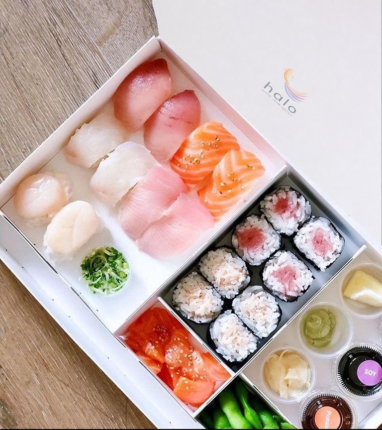 Sushi arranged in a compartmented box