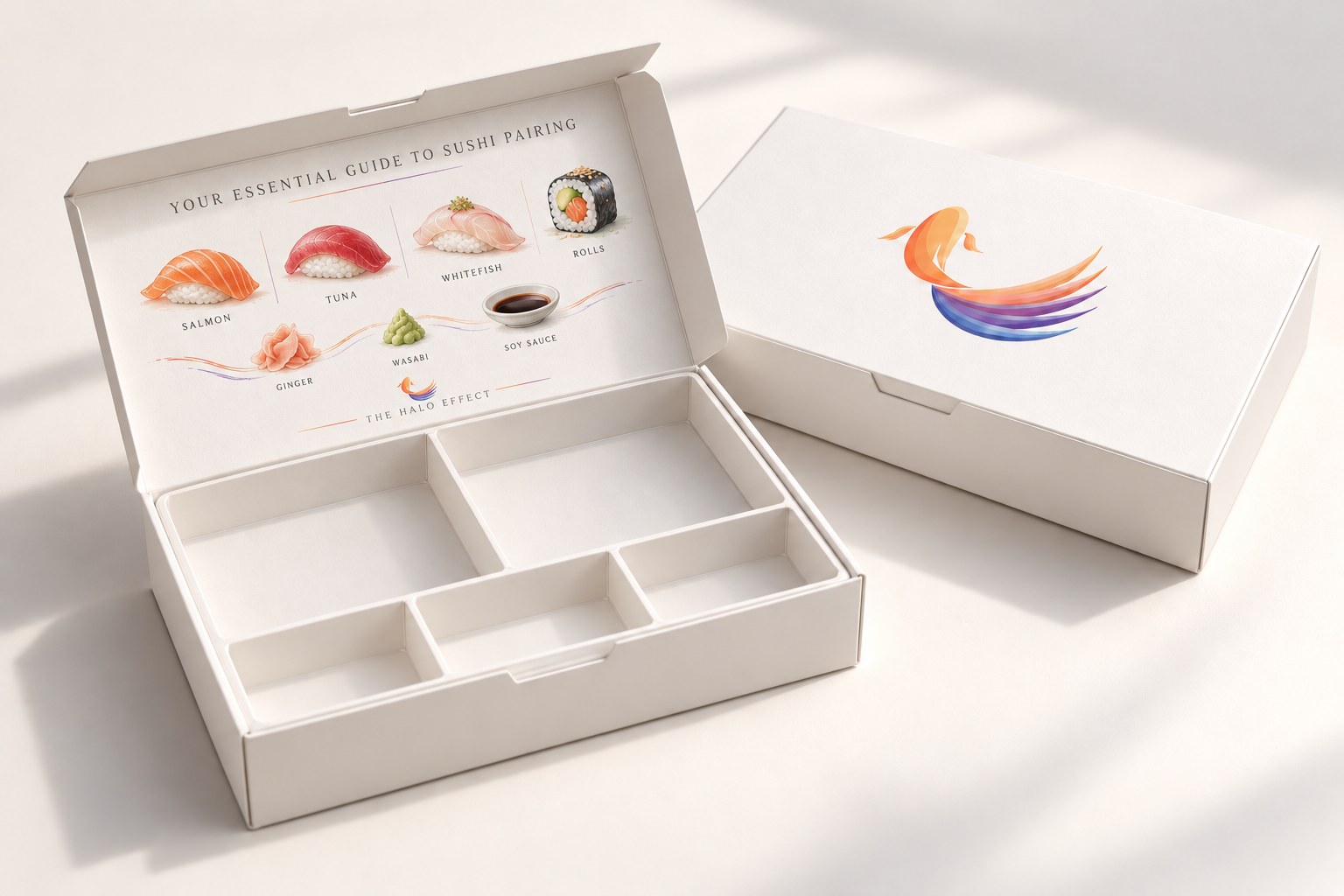 Halo sushi box design, closed box with the koi logo beside an open compartmented box